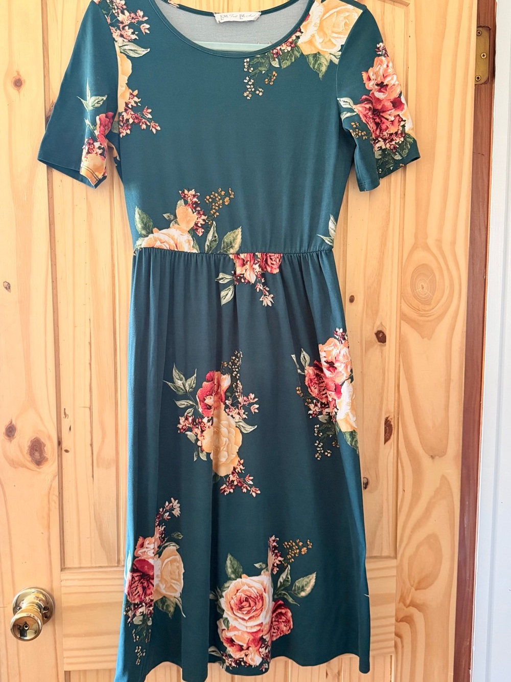 Dark green Floral Midi Dress with Rose Print
